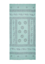Dries quickly in the sun. The Agua Om Sarong from The Petal Set, pale aqua, spread out.