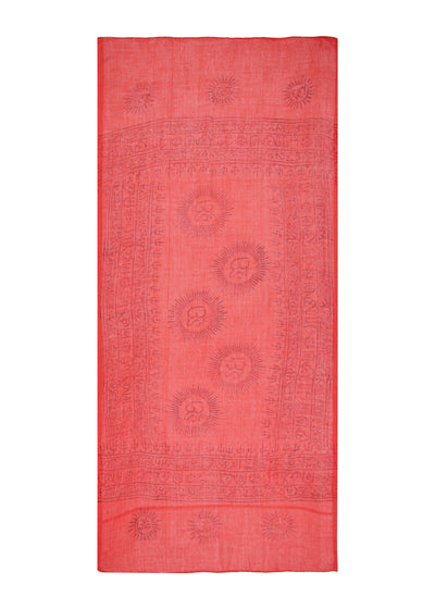 Light and easy to pack. The red Chilli Mini Om Sarong laid flat, darker red Om sunbursts and border bands on a soft cotton blend.